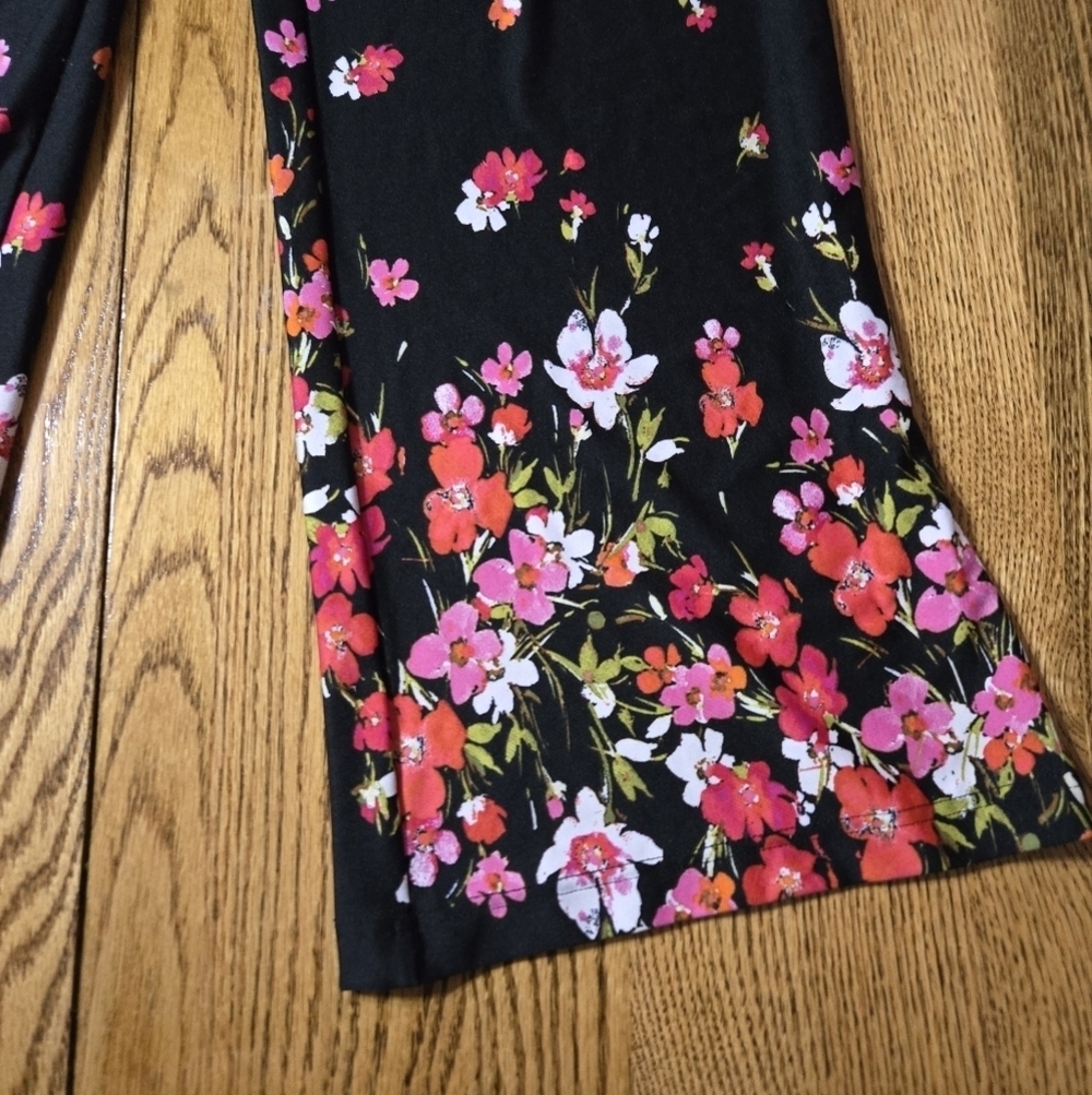 Floral Black And Pink Wide Leg Palazzo Stretch Waist Pants Size M - Picture 2 of 6